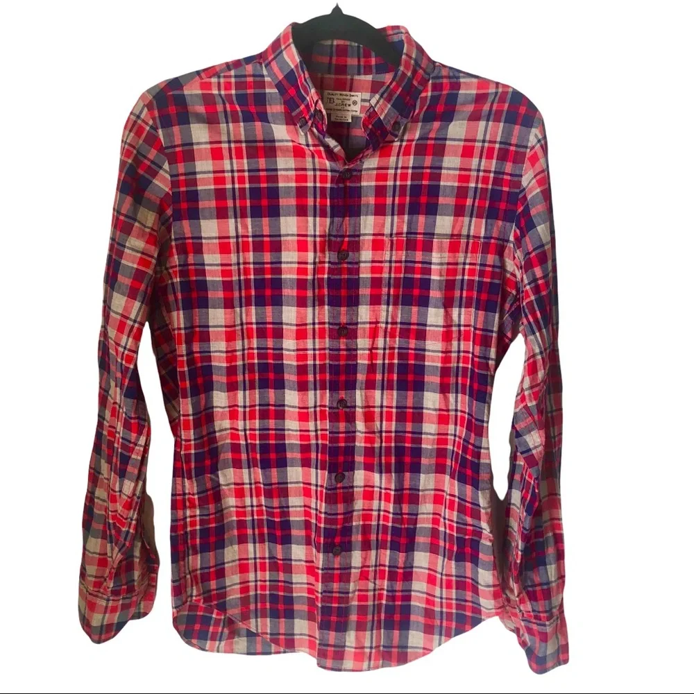 J‎ Crew Navy Red Gray Plaid Woven Cotton Tailored Buttondown XS